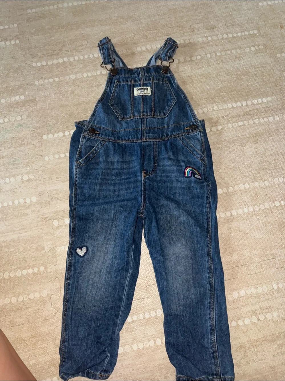 OshKosh B'gosh Blue Denim Overalls with Rainbow & Heart Patches